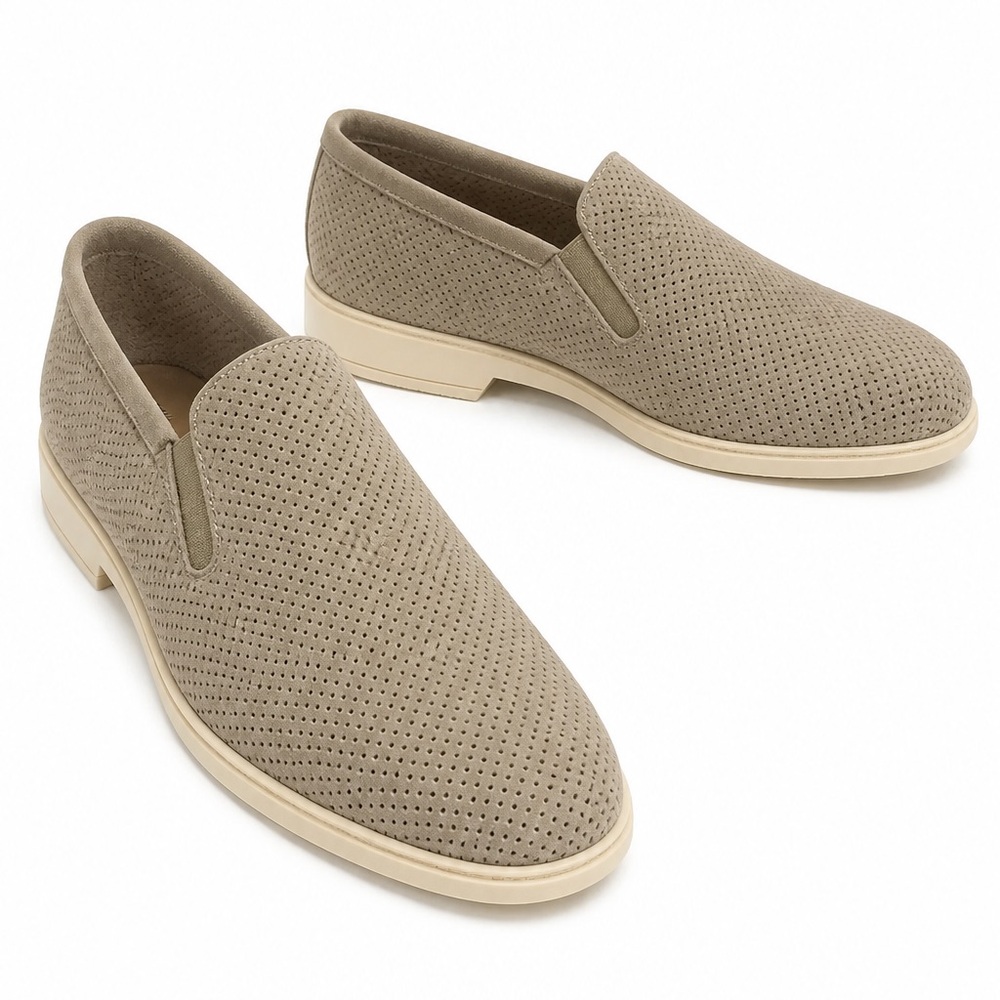 Alberto Ciccioli Men's Slip-On Perforated Comfort Beige Suede Loafers - Taupe